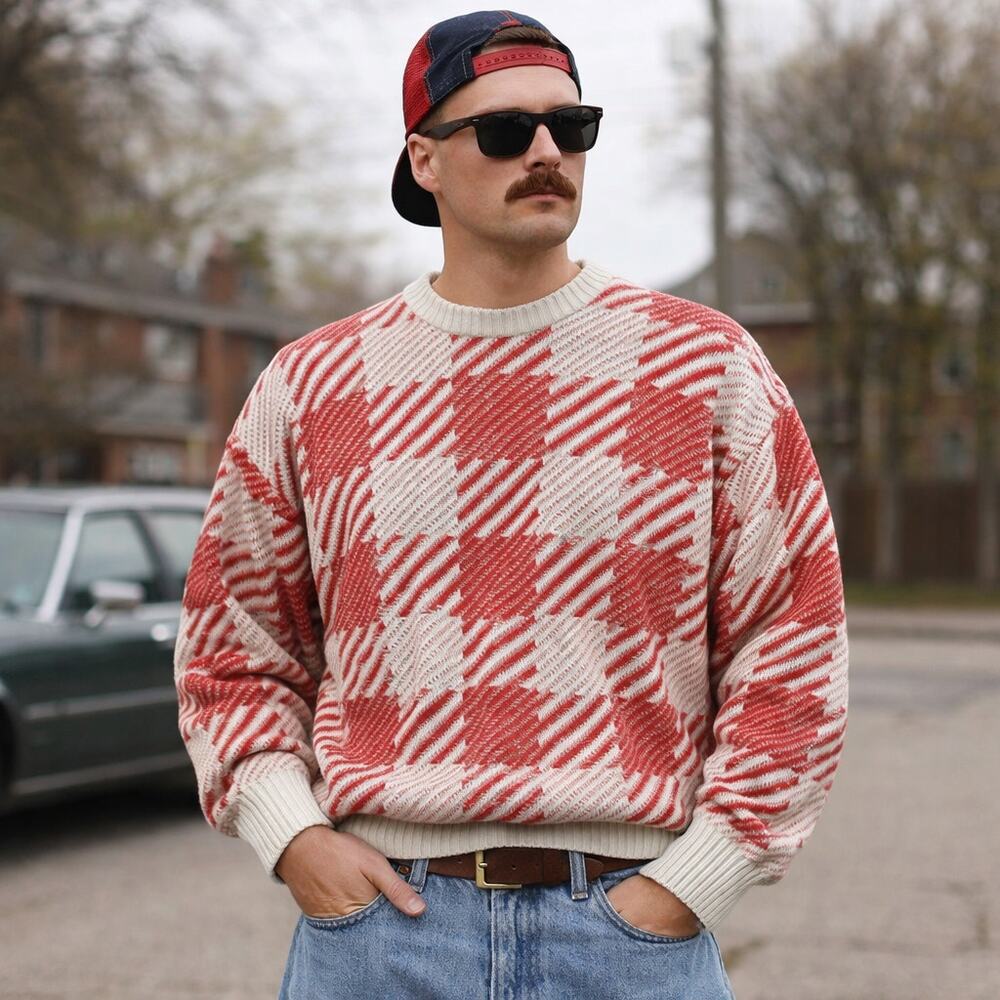 VTG Peconic Bay Traders Cable Knit Sweater Red White Checker Pattern Men's Large